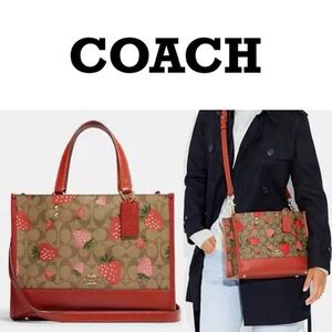NEW Coach Dempsey Signature Coated Canvas Wild Strawberry Print Carryall Bag